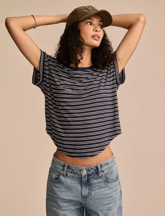 Short Sleeve Sandwash Dolman Tee Navy Stripe Women Lucky Brand Knit Tops