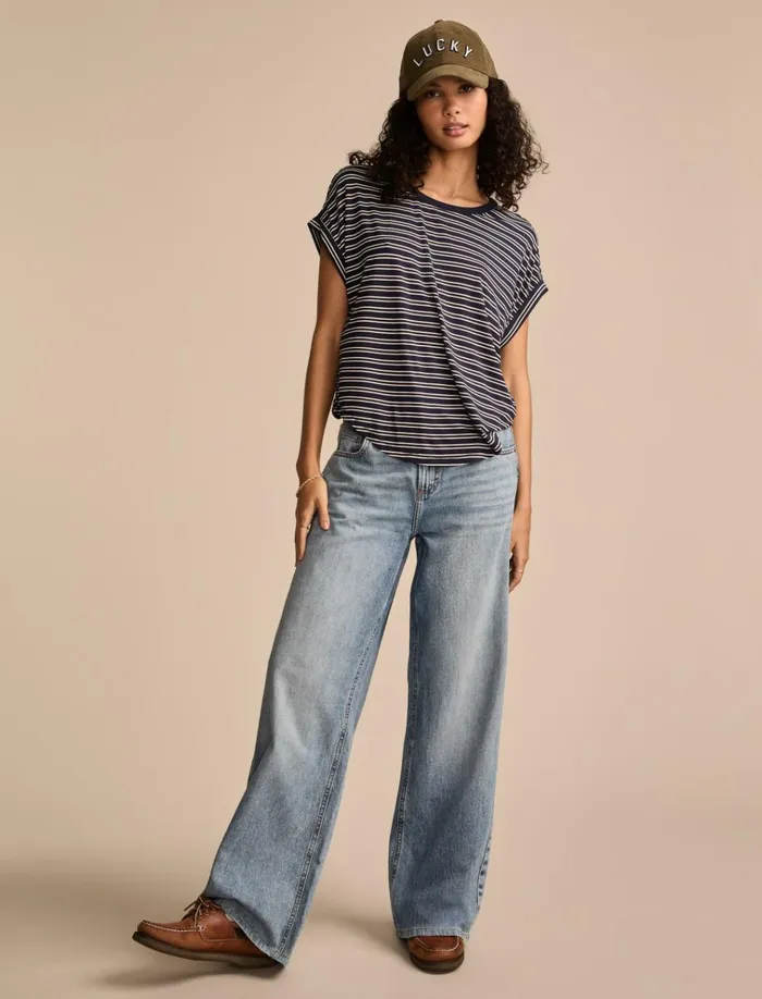 Short Sleeve Sandwash Dolman Tee Navy Stripe Women Lucky Brand Knit Tops