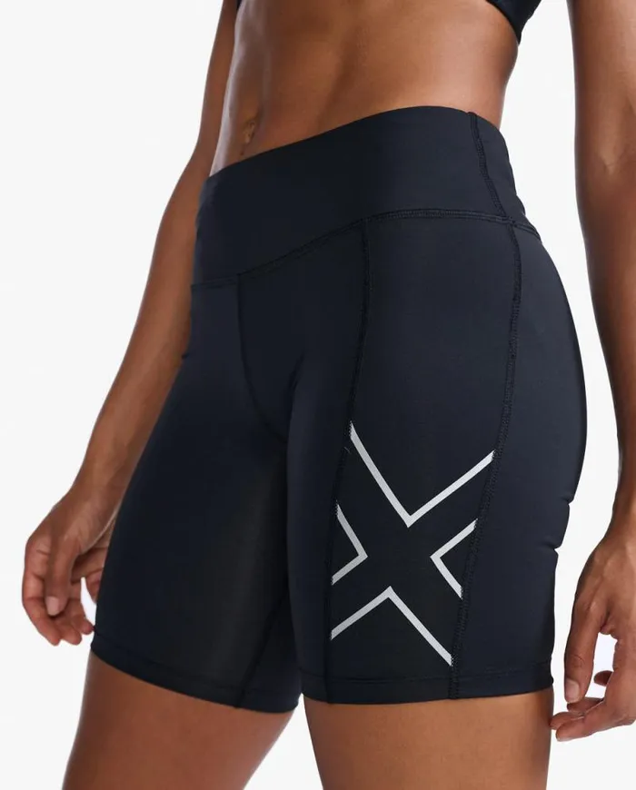 Shorts Womens 2XU Aero MidRise Compression 6034 Shorts Blacksilver Reflective