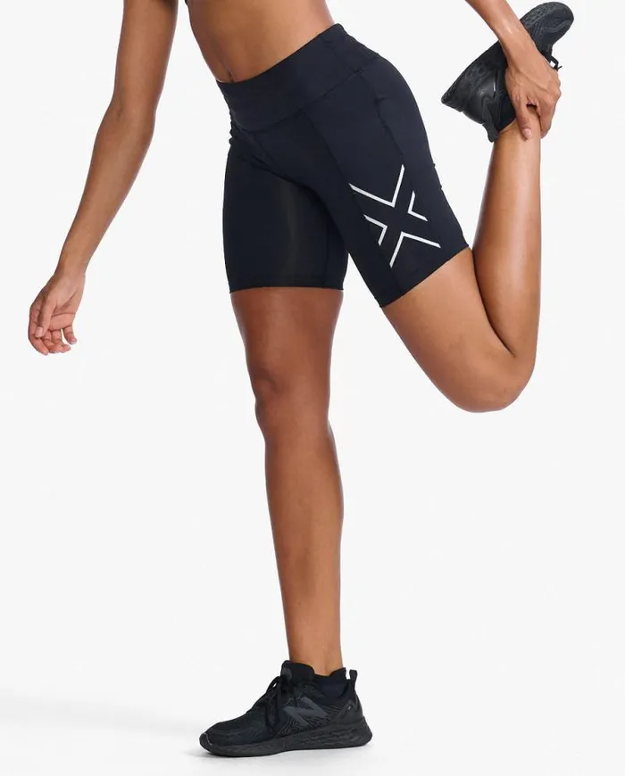 Shorts Womens 2XU Aero MidRise Compression 6034 Shorts Blacksilver Reflective