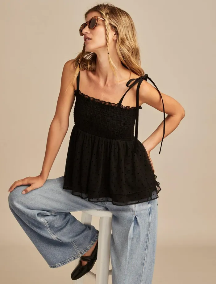 Smocked Bodice Tie Strap Cami Black Dot Women Lucky Brand Blouses