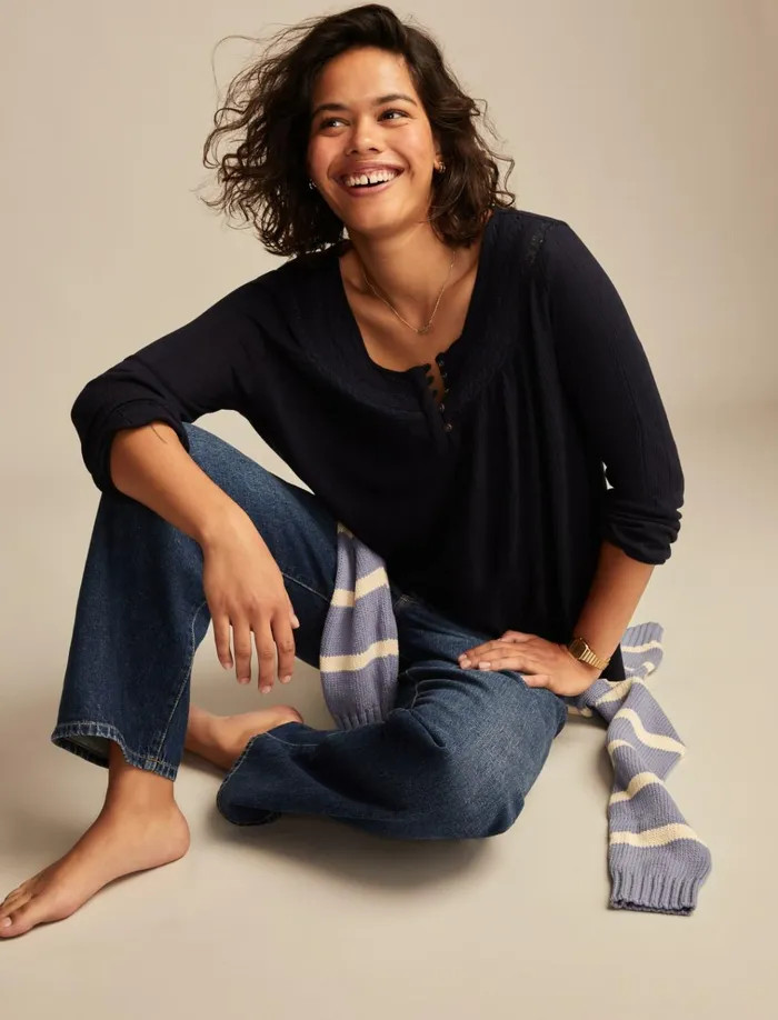 Smocked Lace Yoke Henley Dress Blues Women Lucky Brand Blouses