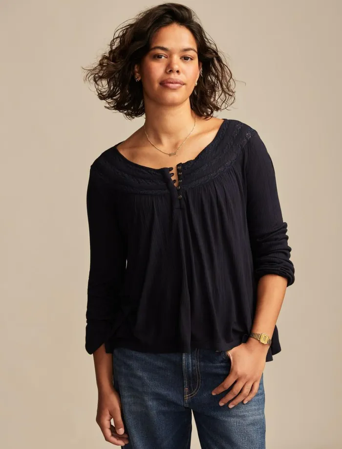 Smocked Lace Yoke Henley Dress Blues Women Lucky Brand Blouses