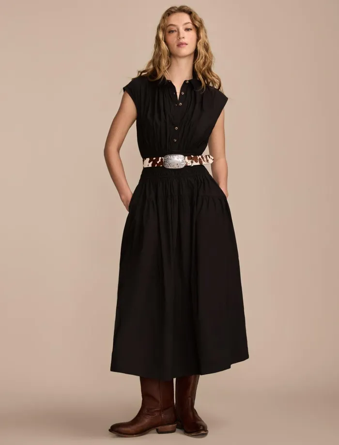 Solid Smocked Dropped Waist Midi Dress Caviar Women Lucky Brand Dresses