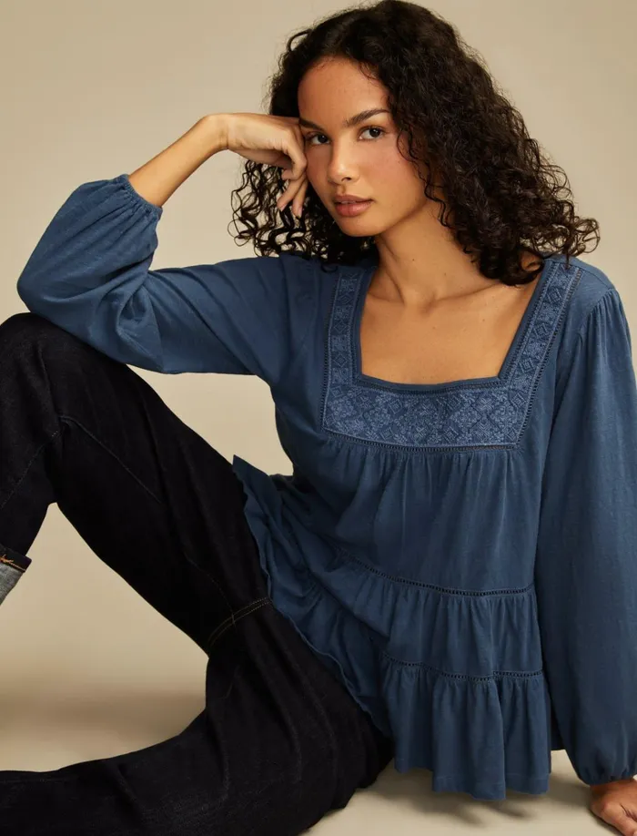 Square Neck Embroidered Peasant Top Mood Indigo Women Lucky Brand Blouses