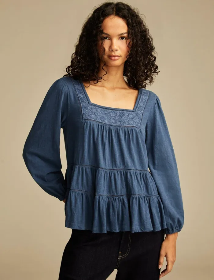 Square Neck Embroidered Peasant Top Mood Indigo Women Lucky Brand Blouses