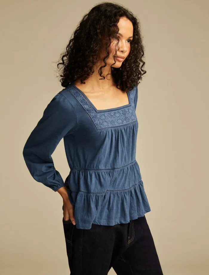 Square Neck Embroidered Peasant Top Mood Indigo Women Lucky Brand Blouses