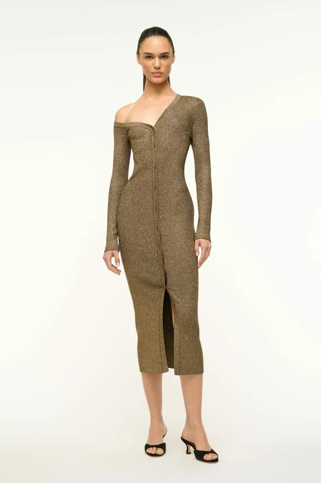 STAUD CRAFTSMAN SWEATER DRESS Metallic Gold Women Dresses