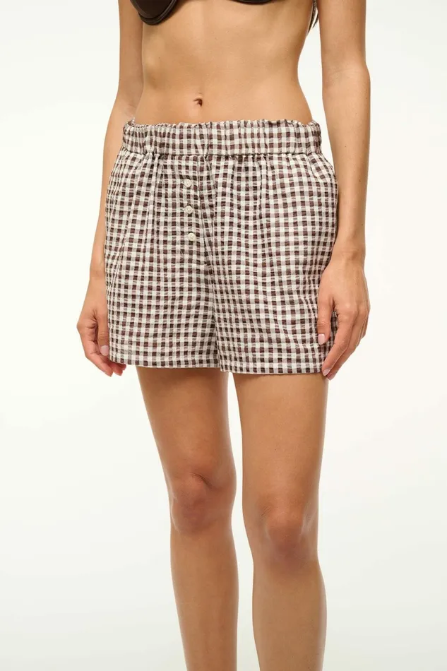 STAUD GABI COVERUP SHORT Dark Chocolate Gingham Women Swim STAUD GABI COVERUP SHORT Dark Chocolate Gingham Women Swim