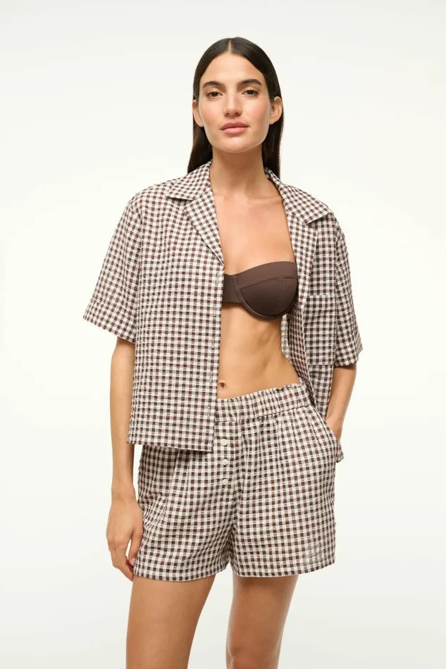 STAUD GABI COVERUP SHORT Dark Chocolate Gingham Women Swim STAUD GABI COVERUP SHORT Dark Chocolate Gingham Women Swim