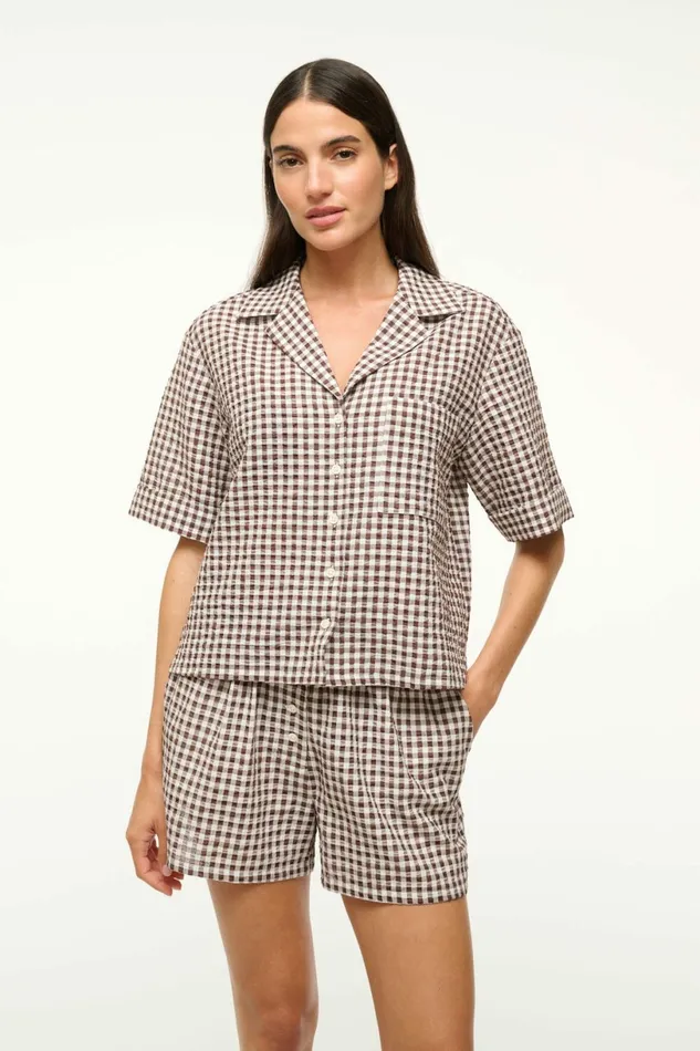 STAUD GABI COVERUP SHORT Dark Chocolate Gingham Women Swim STAUD GABI COVERUP SHORT Dark Chocolate Gingham Women Swim