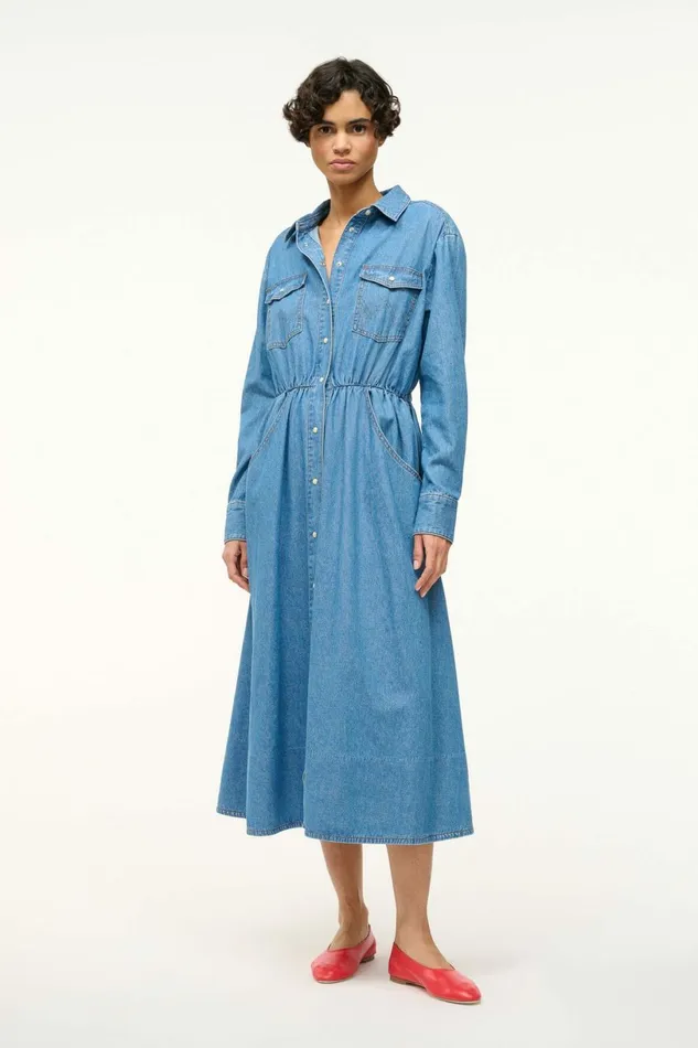 STAUD WRANGLER THE MIDI SHIRT DRESS Mid Blue Women Dresses