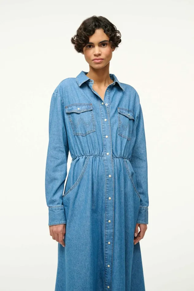 STAUD WRANGLER THE MIDI SHIRT DRESS Mid Blue Women Dresses STAUD WRANGLER THE MIDI SHIRT DRESS Mid Blue Women Dresses