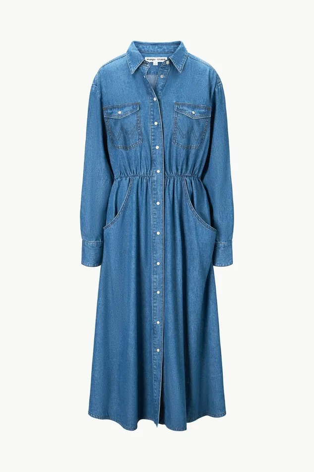 STAUD WRANGLER THE MIDI SHIRT DRESS Mid Blue Women Dresses STAUD WRANGLER THE MIDI SHIRT DRESS Mid Blue Women Dresses