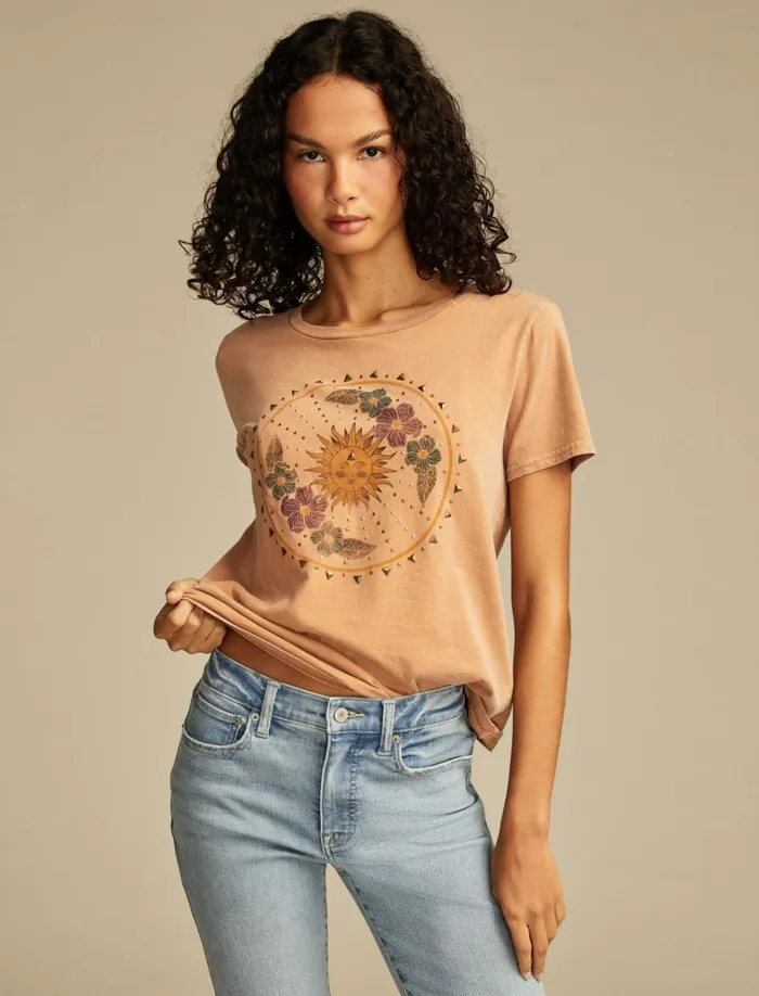 Studded Sun Floral Classic Crew Camel Women Lucky Brand Graphic Tees