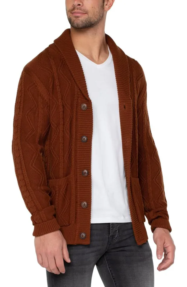 SWEATERS Men Liverpool Los Angeles FISHERMAN CABLE SHAWL COLLAR CARDIGAN Caramel SWEATERS Men Liverpool Los Angeles FISHERMAN CABLE SHAWL COLLAR CARDIGAN Caramel