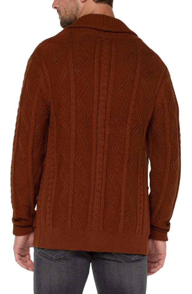 SWEATERS Men Liverpool Los Angeles FISHERMAN CABLE SHAWL COLLAR CARDIGAN Caramel