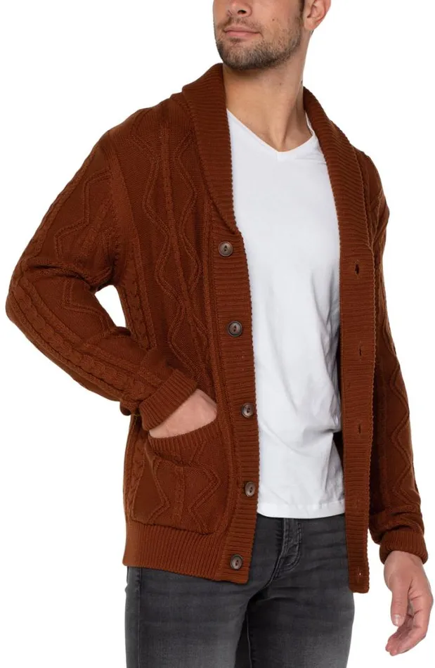 SWEATERS Men Liverpool Los Angeles FISHERMAN CABLE SHAWL COLLAR CARDIGAN Caramel
