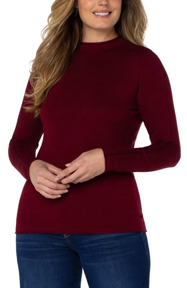 SWEATERS Women Liverpool Los Angeles MOCK NECK ROLLED HEM LONG SLEEVE SWEATER Burgundy