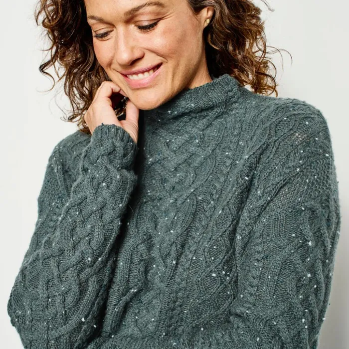 Sweaters Women Orvis Donegal Cable Mockneck Sweater Dark Pine