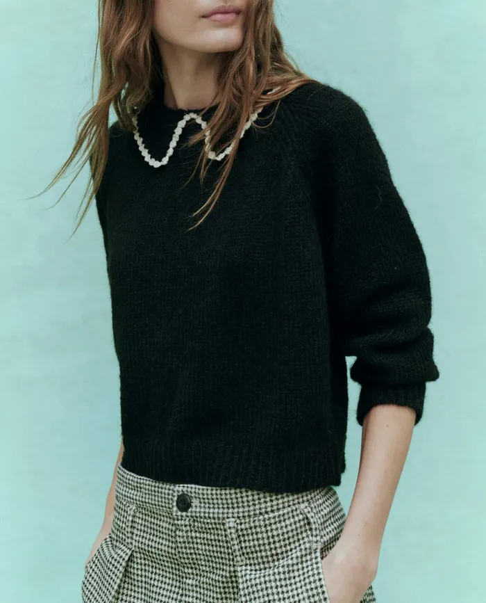 Sweaters Women The Great The Crochet Collar Pullover Black With Soft White