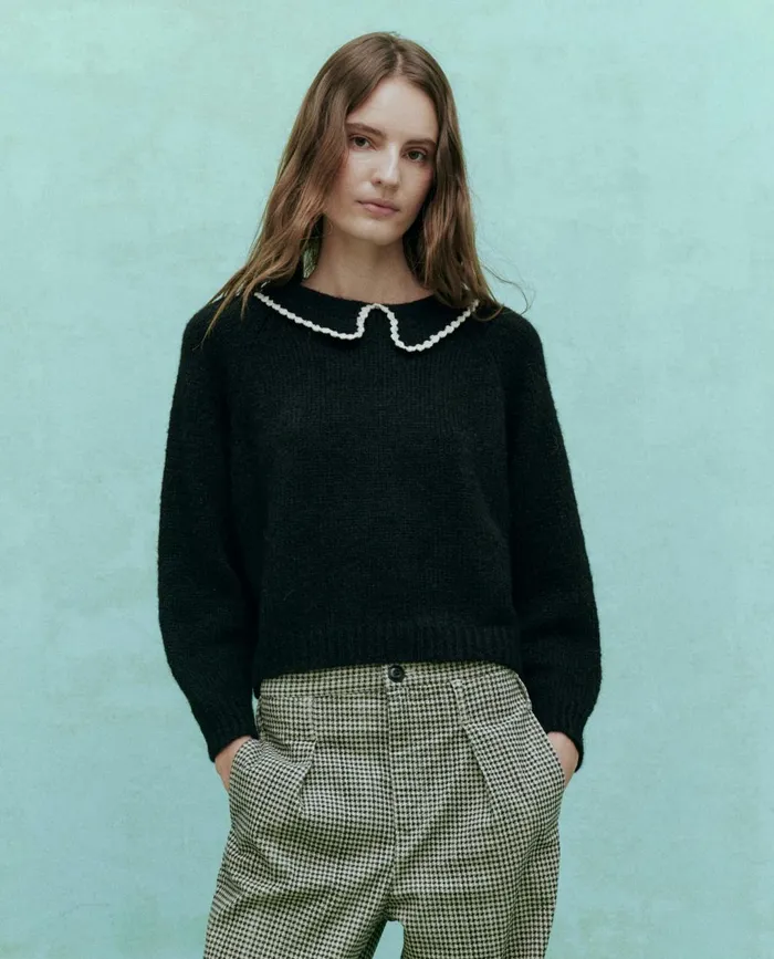 Sweaters Women The Great The Crochet Collar Pullover Black With Soft White Sweaters Women The Great The Crochet Collar Pullover Black With Soft White