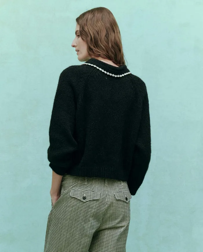 Sweaters Women The Great The Crochet Collar Pullover Black With Soft White Sweaters Women The Great The Crochet Collar Pullover Black With Soft White
