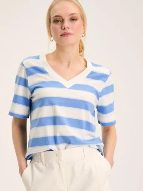 Tops and TShirts Women Joules Blue Stripe VNeck TShirt