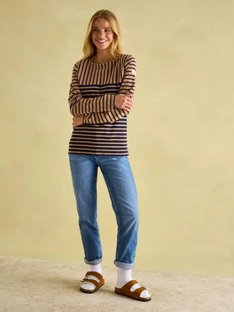 Tops and TShirts Women Joules TanNavy Boat Neck Breton Top