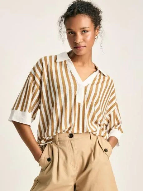 Tops and TShirts Women Joules Tan White Linen Polo Shirt