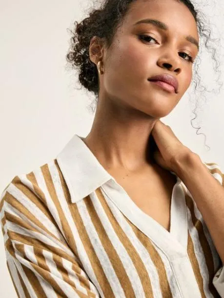 Tops and TShirts Women Joules Tan White Linen Polo Shirt Tops and TShirts Women Joules Tan White Linen Polo Shirt