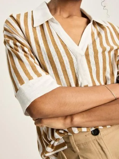 Tops and TShirts Women Joules Tan White Linen Polo Shirt Tops and TShirts Women Joules Tan White Linen Polo Shirt