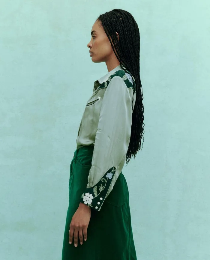 Tops Women The Great The Western Heritage Shirt Dried Sage Tops Women The Great The Western Heritage Shirt Dried Sage