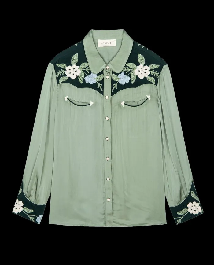 Tops Women The Great The Western Heritage Shirt Dried Sage Tops Women The Great The Western Heritage Shirt Dried Sage