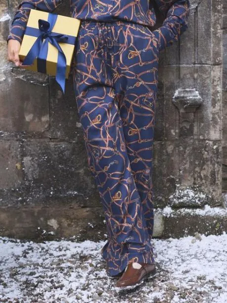 Trousers and Jeans Women Joules Navy Blue Bridle Wide Leg Printed Satin Trousers