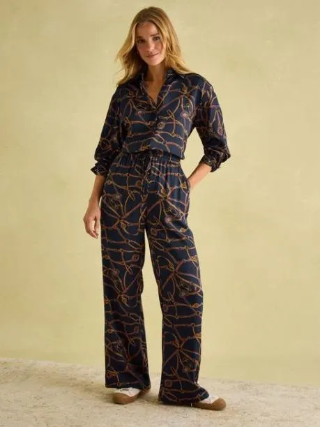 Trousers and Jeans Women Joules Navy Blue Bridle Wide Leg Printed Satin Trousers