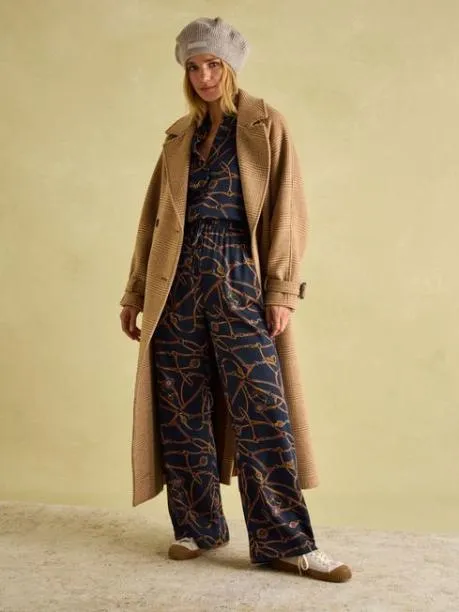 Trousers and Jeans Women Joules Navy Blue Bridle Wide Leg Printed Satin Trousers