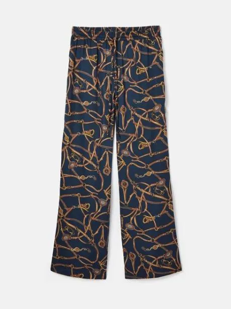 Trousers and Jeans Women Joules Navy Blue Bridle Wide Leg Printed Satin Trousers