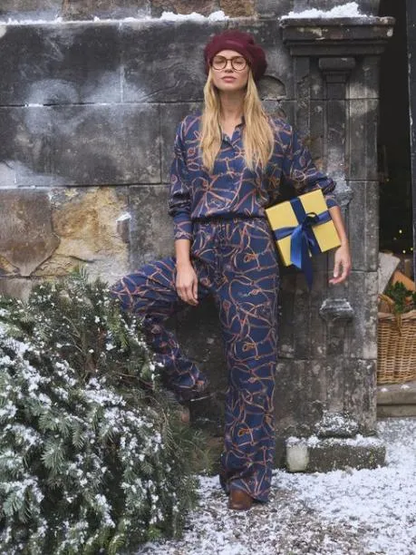 Trousers and Jeans Women Joules Navy Blue Bridle Wide Leg Printed Satin Trousers