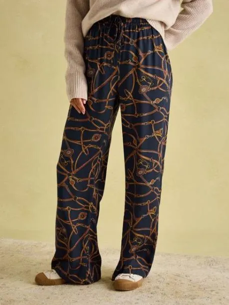 Trousers and Jeans Women Joules Navy Blue Bridle Wide Leg Printed Satin Trousers