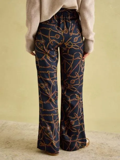 Trousers and Jeans Women Joules Navy Blue Bridle Wide Leg Printed Satin Trousers