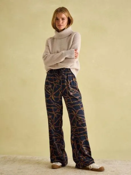 Trousers and Jeans Women Joules Navy Blue Bridle Wide Leg Printed Satin Trousers
