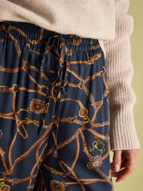 Trousers and Jeans Women Joules Navy Blue Bridle Wide Leg Printed Satin Trousers