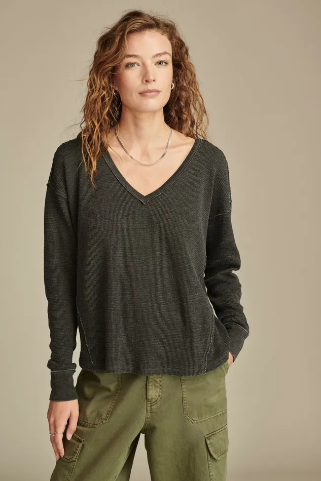 V Neck Long Sleeve Top Jet Black Women Lucky Brand Knit Tops