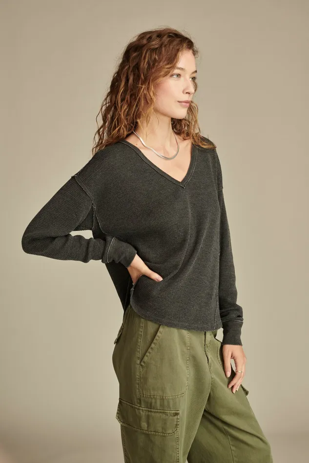 V Neck Long Sleeve Top Jet Black Women Lucky Brand Knit Tops