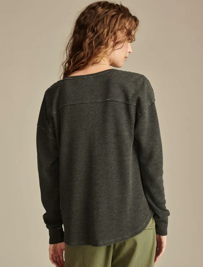 V Neck Long Sleeve Top Jet Black Women Lucky Brand Knit Tops