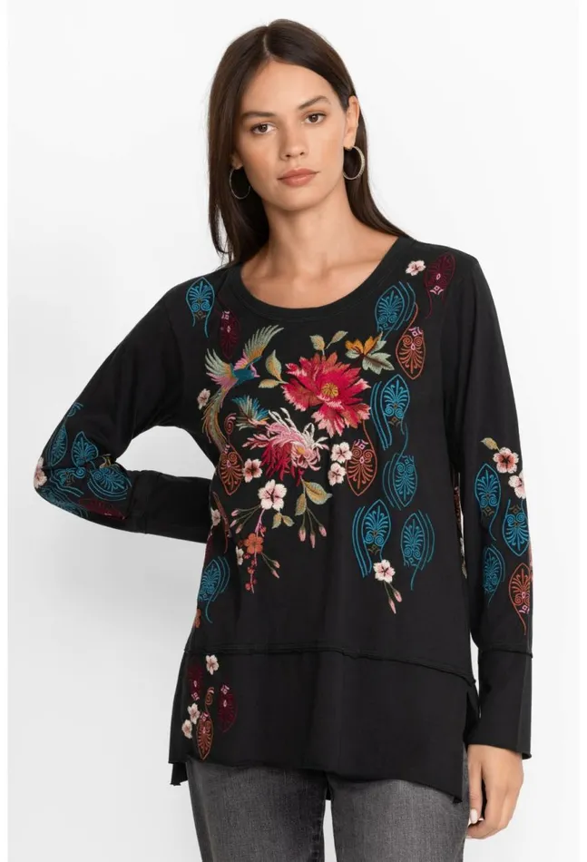 Women Ashira Raw Seam Long Sleeve Tee Black Johnny Was Tops