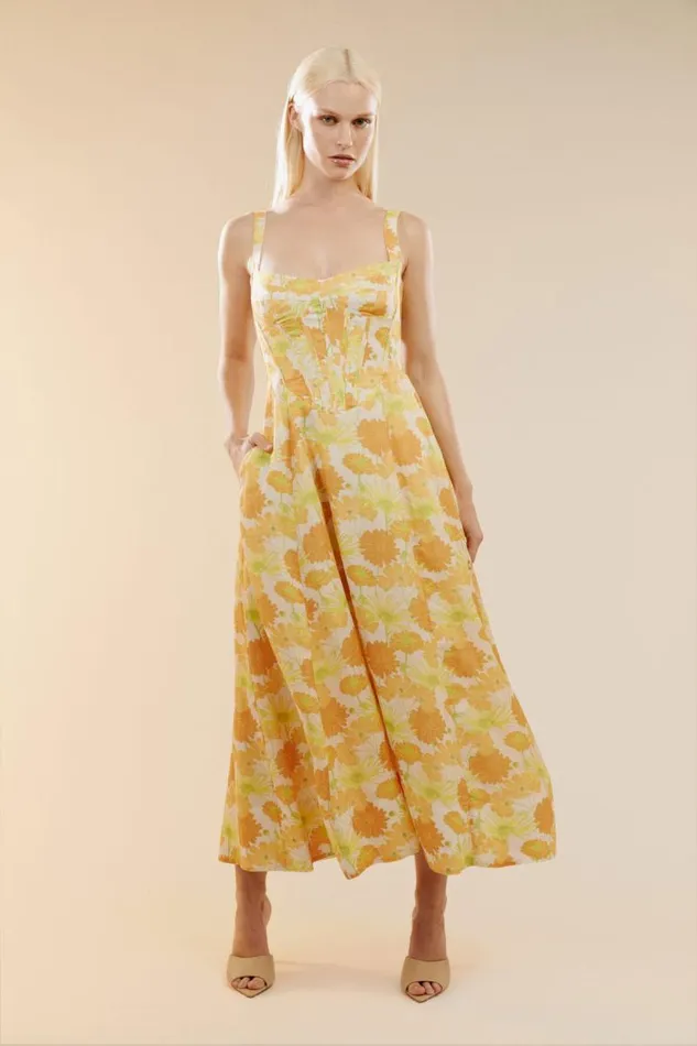 Women Bardot Day To Night Dresses Lilah Corset Midi Dress In Yellow Flr