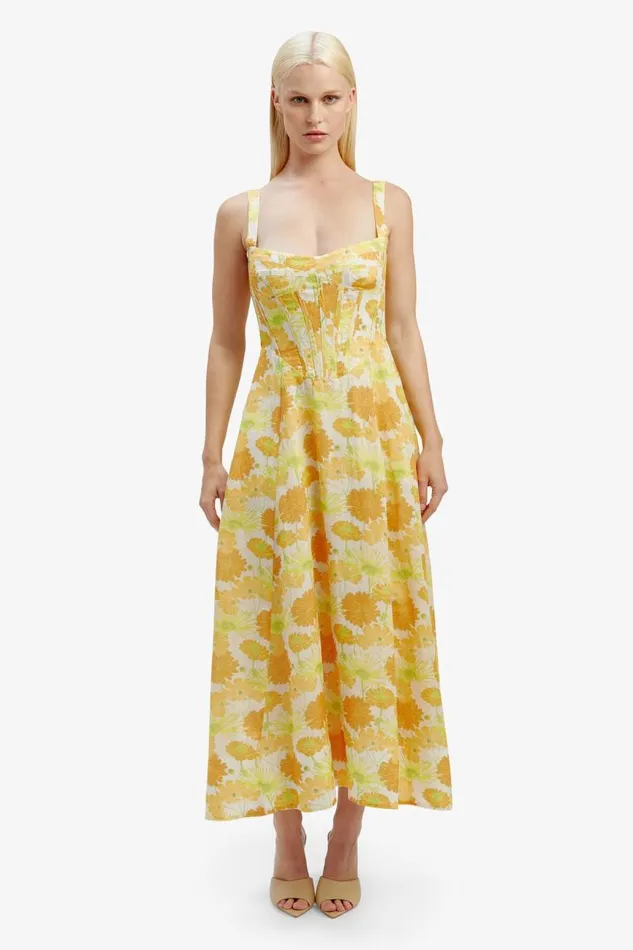 Women Bardot Day To Night Dresses Lilah Corset Midi Dress In Yellow Flr Women Bardot Day To Night Dresses Lilah Corset Midi Dress In Yellow Flr