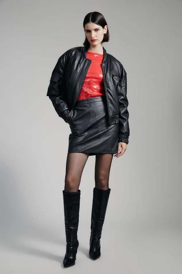 Women Bardot Jackets Vegan Leather Bomber Jacket In Black